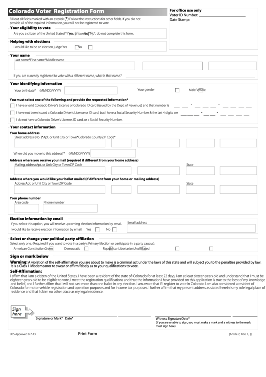 Fillable Colorado Voter Registration Form Printable pdf