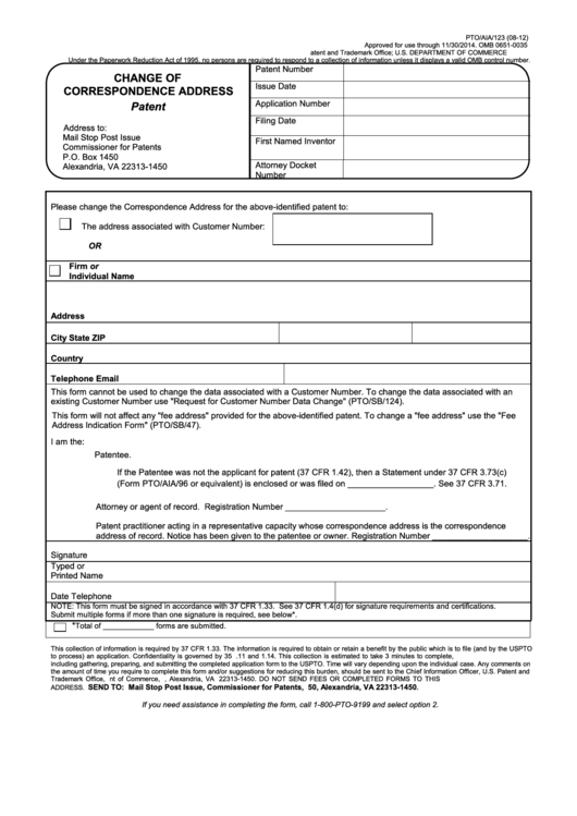 Fillable Form Pto/aia/123 - Change Ofcorrespondence Addresspatent - 2012 Printable pdf
