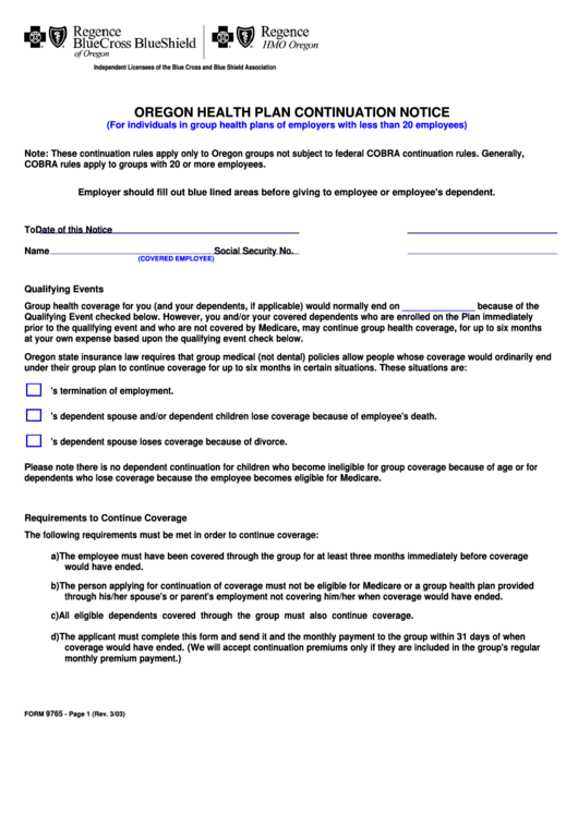 Form 9765- Oregon Health Plan Continuation Notice Printable pdf