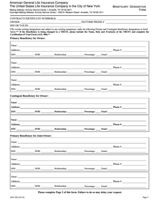 Fillable Form Agl 020 Beneficiary Designation Form Printable Pdf Download Beneficiary Designation Template