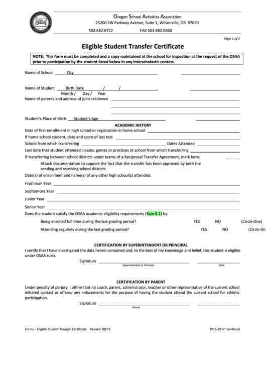 Eligible Student Transfer Certificate