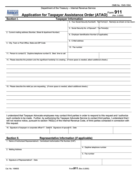 Fillable Form 911 - Application For Taxpayer Assistance Order (Atao) Printable pdf