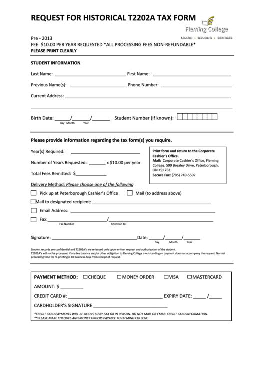 Request For Historical T2202a Tax Form Printable pdf