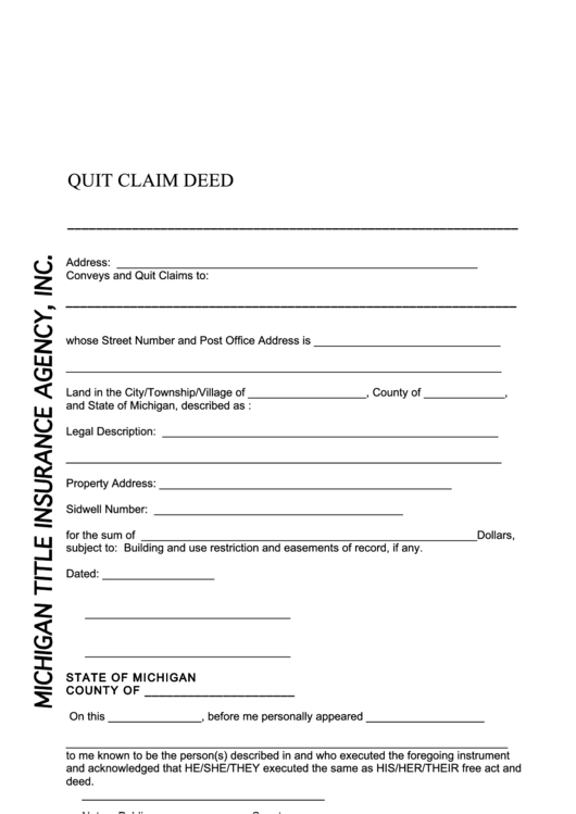 Fillable Quit Claim Deed Michigan Printable pdf