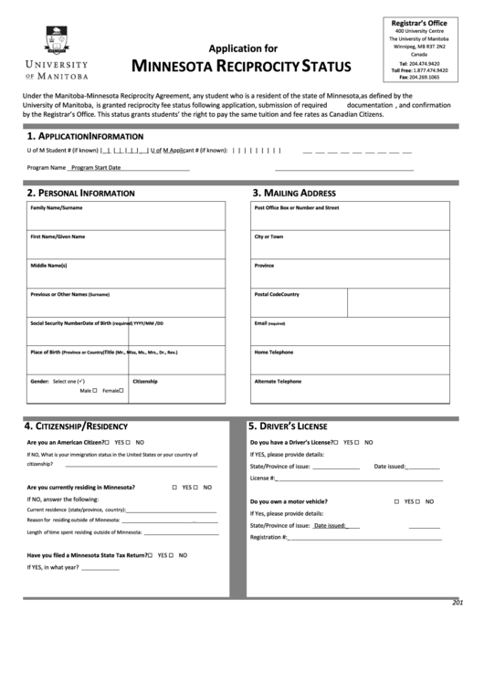 Minnesota Reciprocity Status - University Of Manitoba Printable pdf