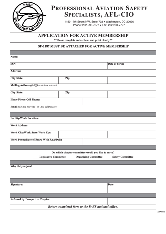 Fillable Standard Form 1187 - Application For Active Membership Form Printable pdf