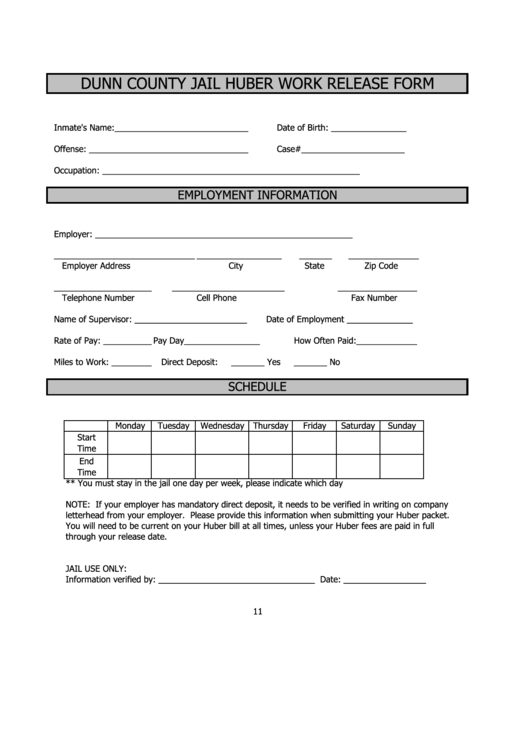 Huber Work Release Form - Dunn County Wi Printable pdf