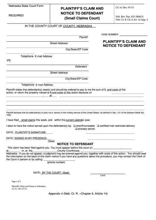 Fillable Plaintiffs Claim And Notice To Defendant Small Claims Court Printable pdf