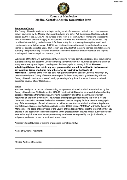 Fillable County Of Mendocino Medical Cannabis Activity Registration Form Printable pdf