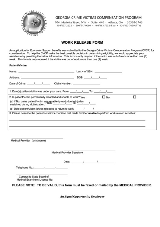 Work Release Form Printable pdf