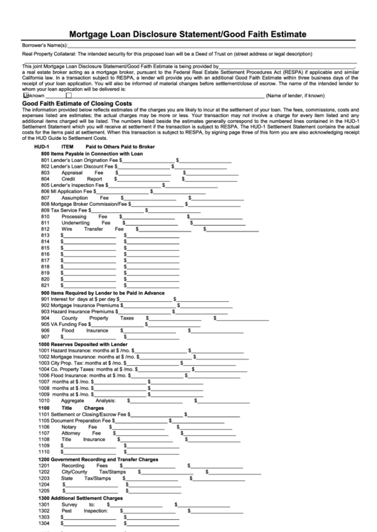 Fillable Form Re883 Rev. 08/08 - Mortgage Loan Disclosure Statement/good Faith Estimate Template Printable pdf