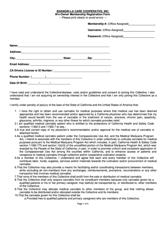 Shangri La Care Cooperative Nonowner Membership Registration Form Printable pdf