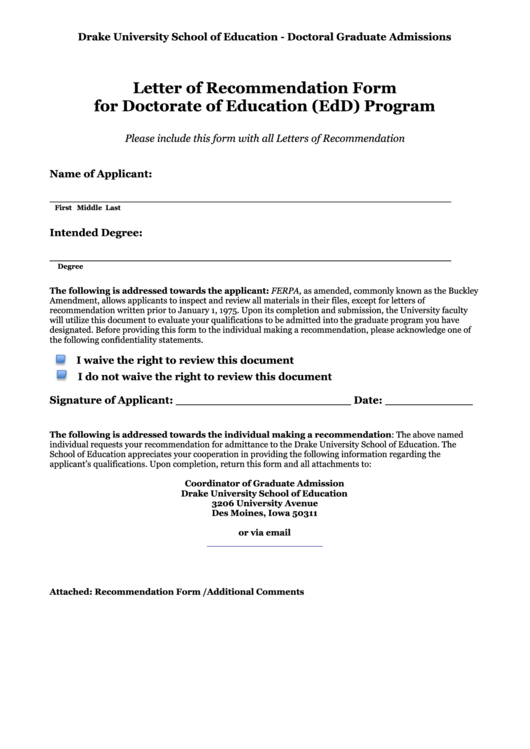 Letter Of Recommendation Form For Doctorate Of Education Printable pdf