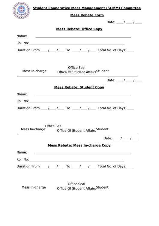 Mess Rebate Form - Student Cooperative Mess Management (Scmm) Committee Printable pdf