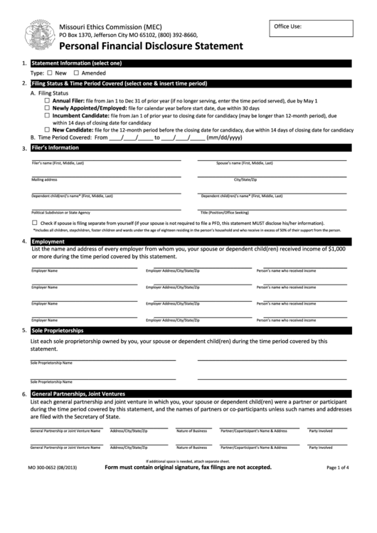 Fillable Personal Financial Disclosure Statement Printable pdf