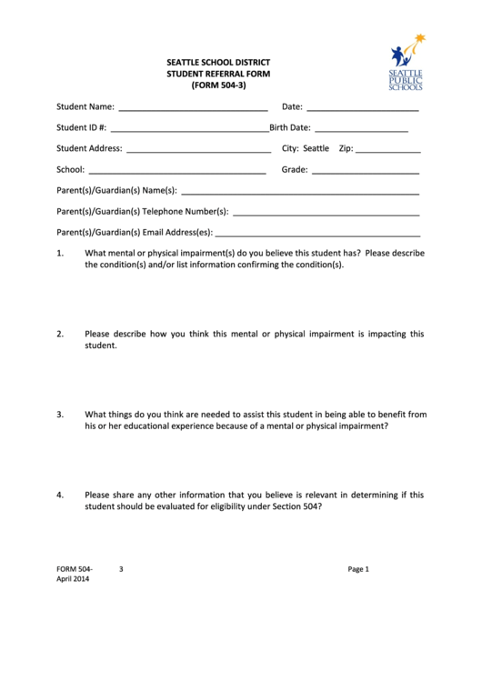 Fillable Form 504-3 - Student Referral Form - Seattle School District Printable pdf