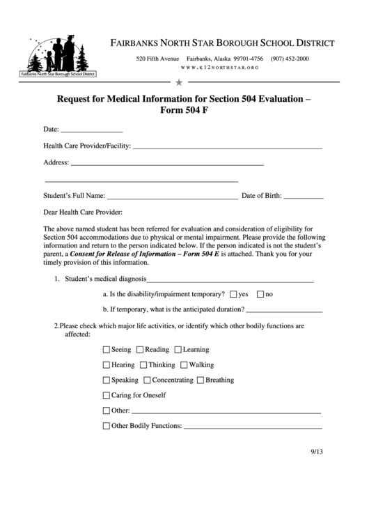 Request For Medical Information For Section 504 Evaluation - Form 504 F Printable pdf