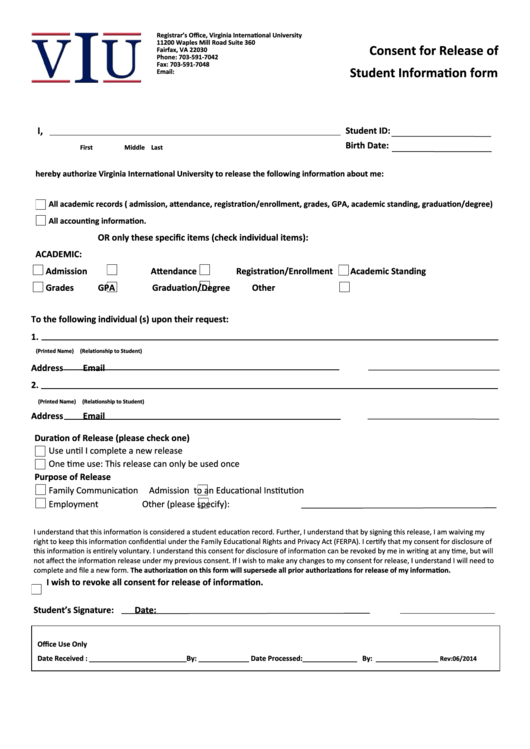 Ferpa Consent For Release Of Student Information Form Printable pdf