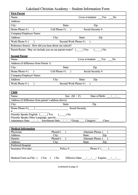 Student Information Form Printable pdf