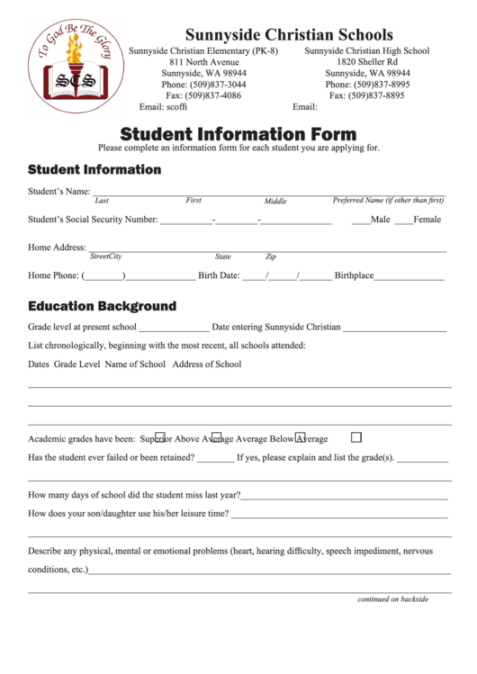 Sample Student Information Form Printable pdf