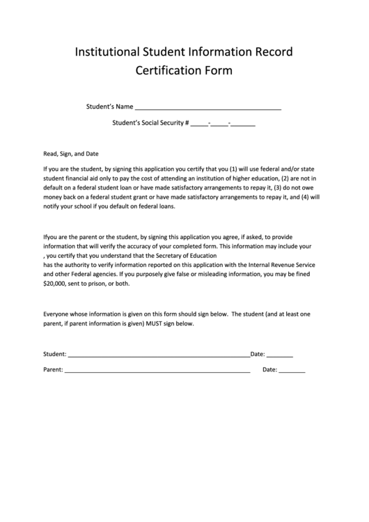 Institutional Student Information Record Certification Form Printable pdf