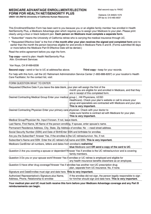 Medicare Advantage Enrollment/election Form For Health Net/seniority Plus