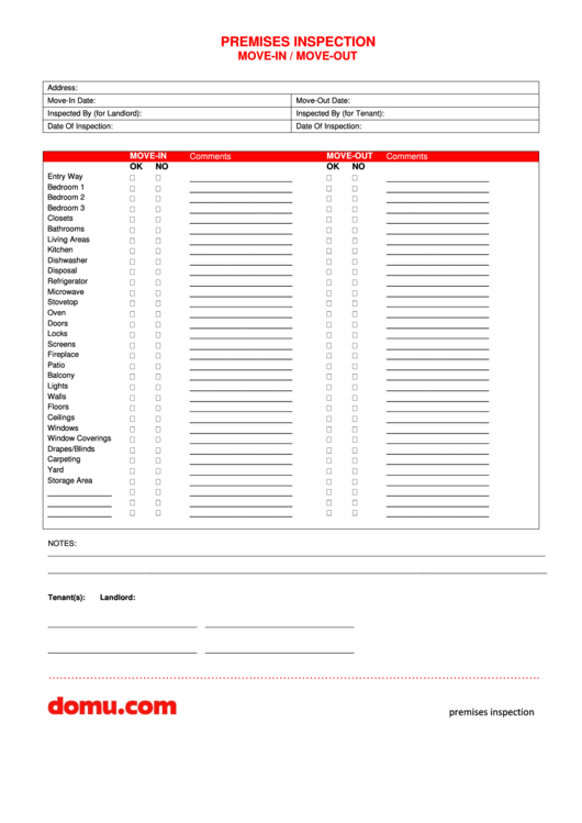 Premises Inspection Move In Move Out Form Printable pdf