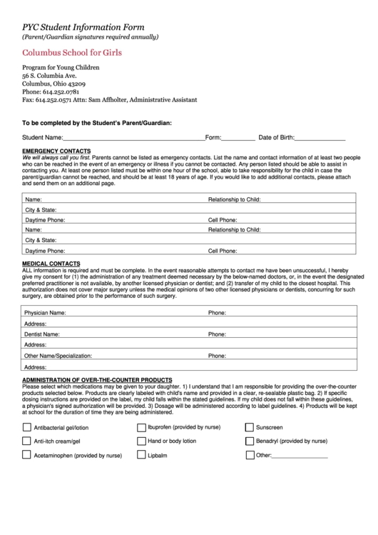 Fillable Pyc Student Information Form - Columbus School For Girls Printable pdf