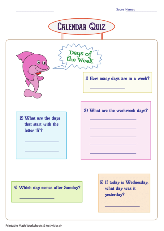 Days Of The Week Quiz Template Printable pdf