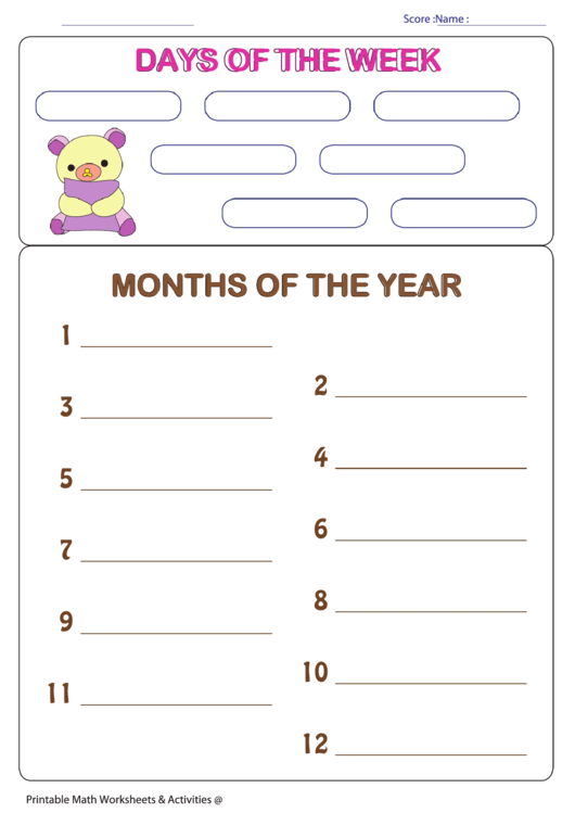 Days Of The Week Months Of The Year Worksheet Template (bear)