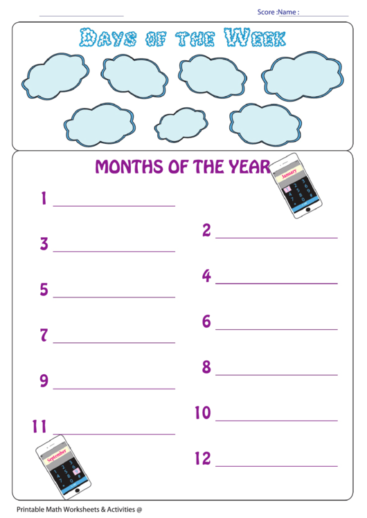 Days Of The Week Months Of The Year Worksheet Template (phone)