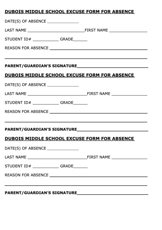 Dubois Middle School Excuse Form For Absence Printable pdf