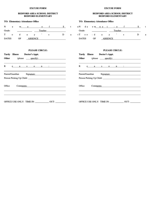 Excuse Form (Sample) Printable pdf