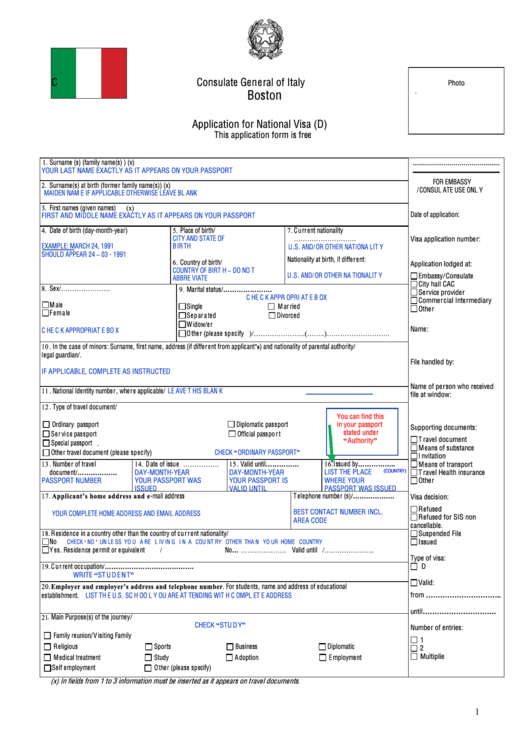 Application For National Visa (D) Filing Sample - Consulate General Of Italy, Boston, Massachusetts, Usa Printable pdf
