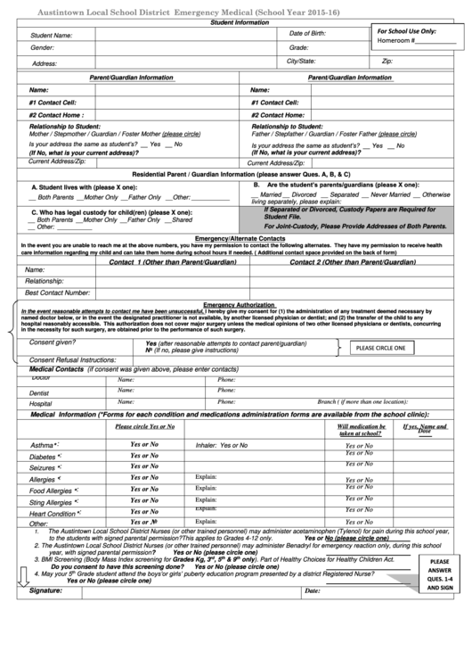 Emergency Medical Form Printable pdf