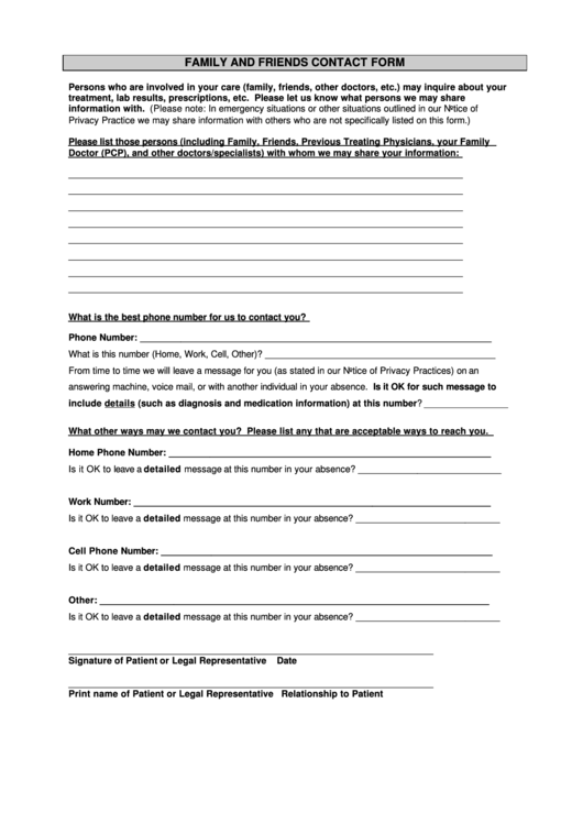 Family And Friends Contact Form Printable pdf
