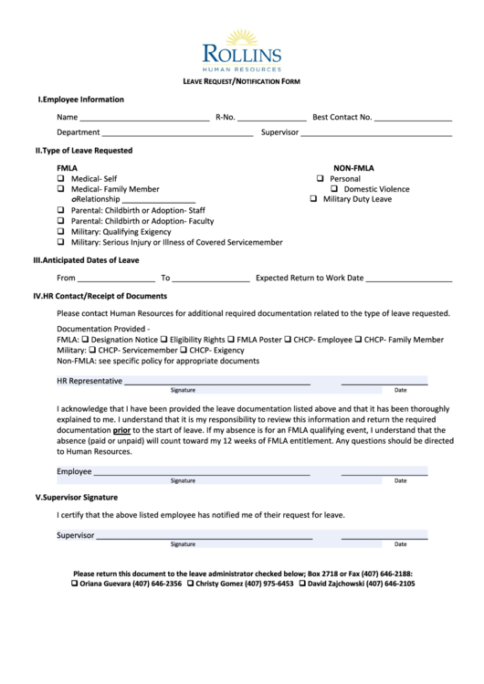 Leave Request/notification Form Printable pdf