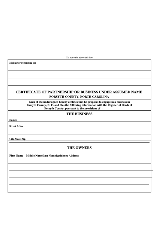 Certificate Of Partnership Or Business Under Assumed Name Forsyth County, North Carolina Printable pdf