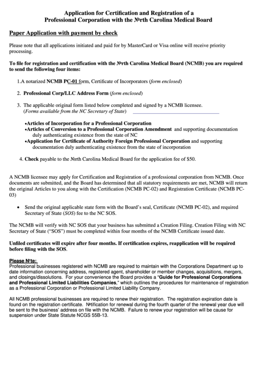 Application For Certification And Registration Of A Professional Corporation With The North Carolina Medical Board Printable pdf