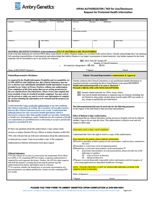 Hipaa Authorizaton / Roi For Use/disclosure Request For Protected Health Information Printable pdf