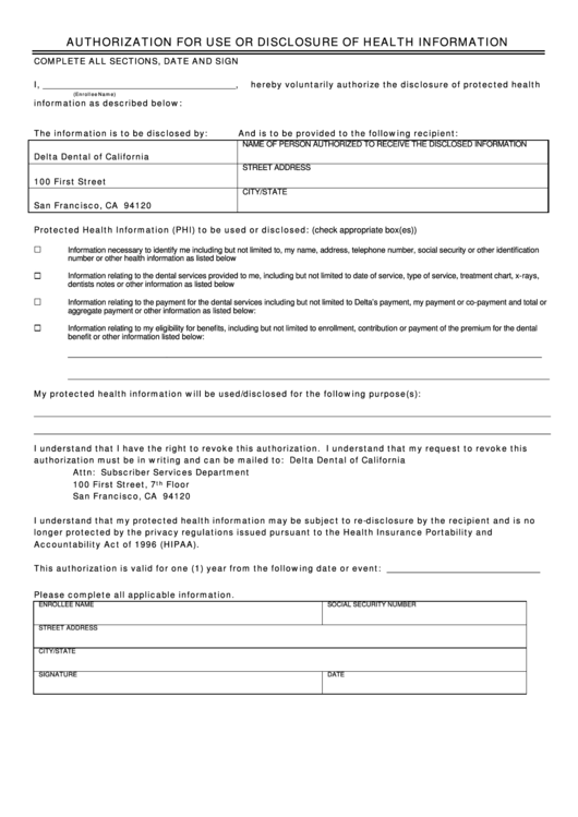 Hippa Authorization For Use Or Disclosure Of Health Information Printable pdf