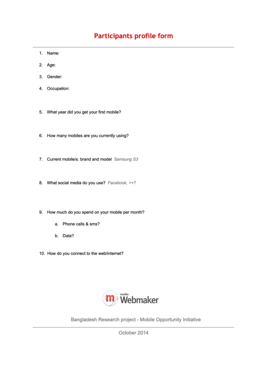 Participants Profile Form Printable pdf