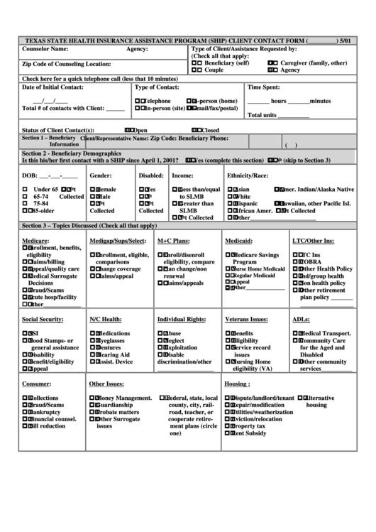 Texas State Health Insurance Assistance Program (Ship) Client Contact Form Printable pdf