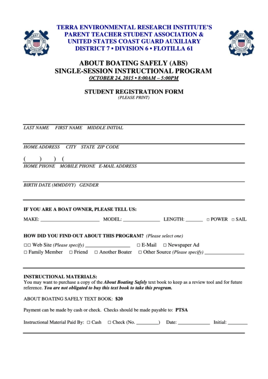 Fillable About Boating Safely (Abs) Student Registration Form Printable pdf