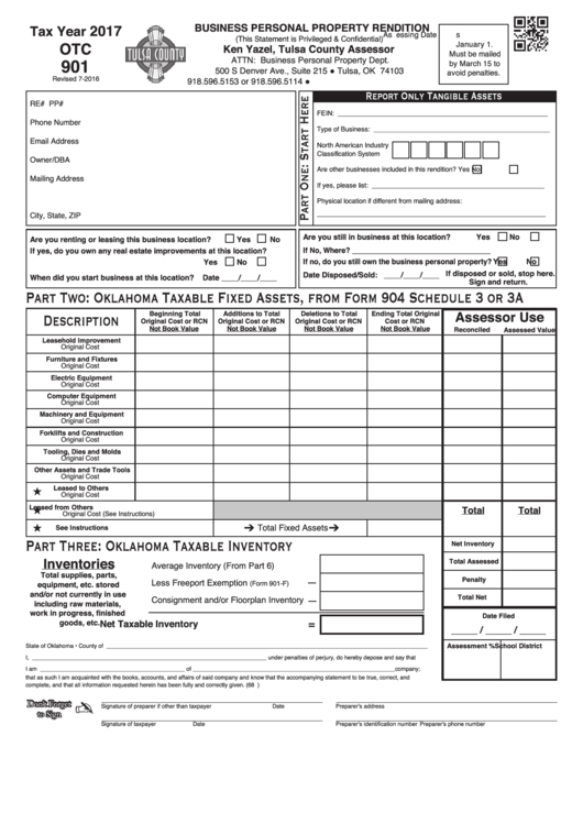 Fillable Form Otc 901 - Business Personal Property Rendition - 2017 Printable pdf