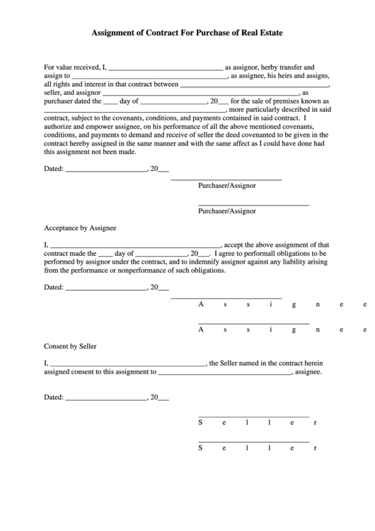 Assignment Of Contract For Purchase Of Real Estate Form Printable pdf