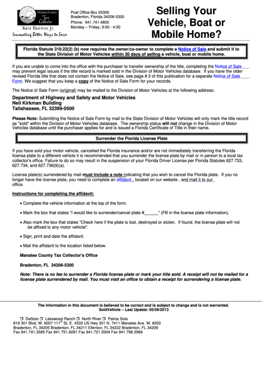 Form Hsmv 82050 - Notice Of Sale And/or Bill Of Sale For A Motor Vehicle, Mobile Home, Off-Highway Vehicle Or Vessel Printable pdf