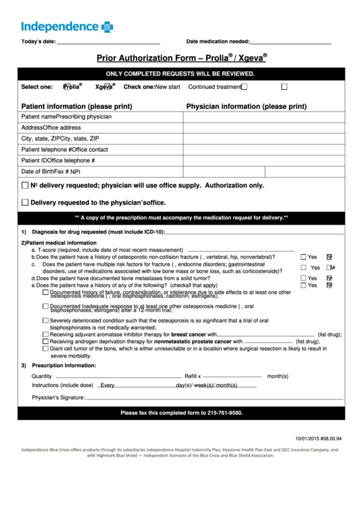 Prior Authorization Form - Prolia/xgeva Printable pdf