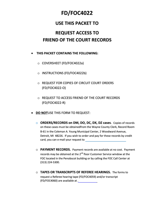 Fillable Fd Foc4022 - Wayne County Circuit Court Access Request Form Printable pdf