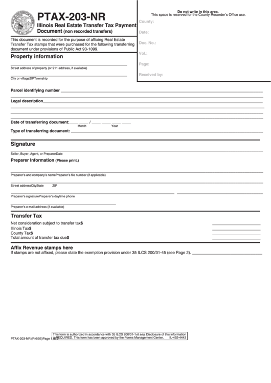 Ptax-203-nr Form - Illinois Real Estate Transfer Tax Payment Document (non Recorded Transfers)